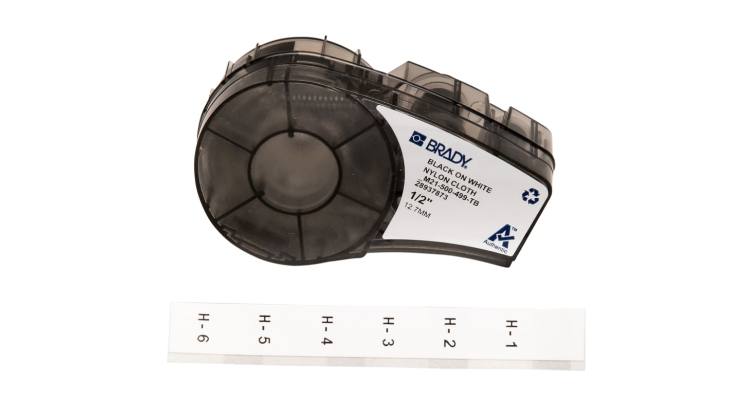 Brady B-499 Nylon Cloth Black on White Label Printer Tape, 4.88 m Length, 12.7 mm Width