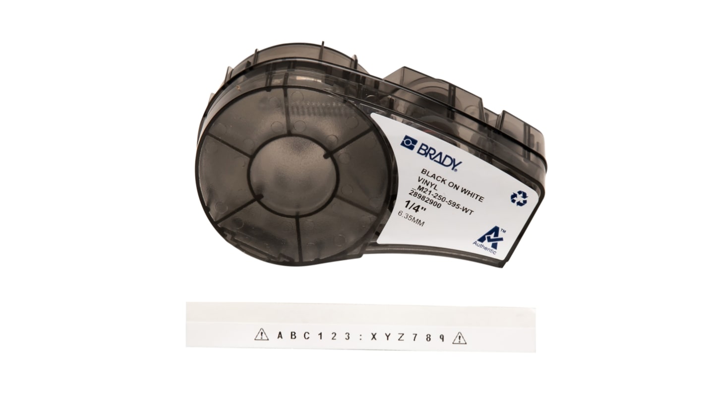 Brady B-595 Vinyl Black on White Label Printer Tape, 6.4 m Length, 6.35 mm Width