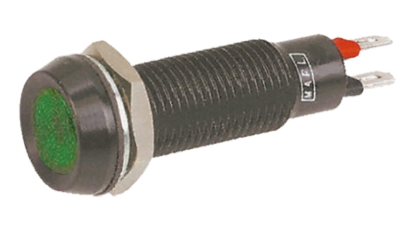 Marl 绿色LED面板指示灯, 3.2V 交流/直流, 20mA, Φ8.1mm安装孔, 焊片端接, 凹入式边框, 黑色边框, IP67