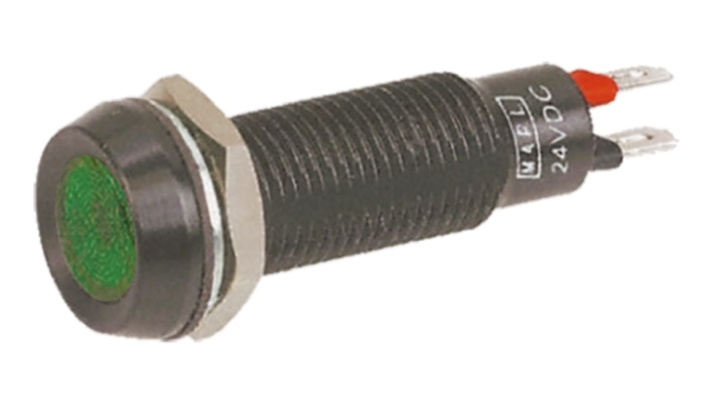 Marl 绿色LED面板指示灯, 24 → 28V 直流, 20mA, Φ8.1mm安装孔, 焊片端接, 凹入式边框, 黑色边框