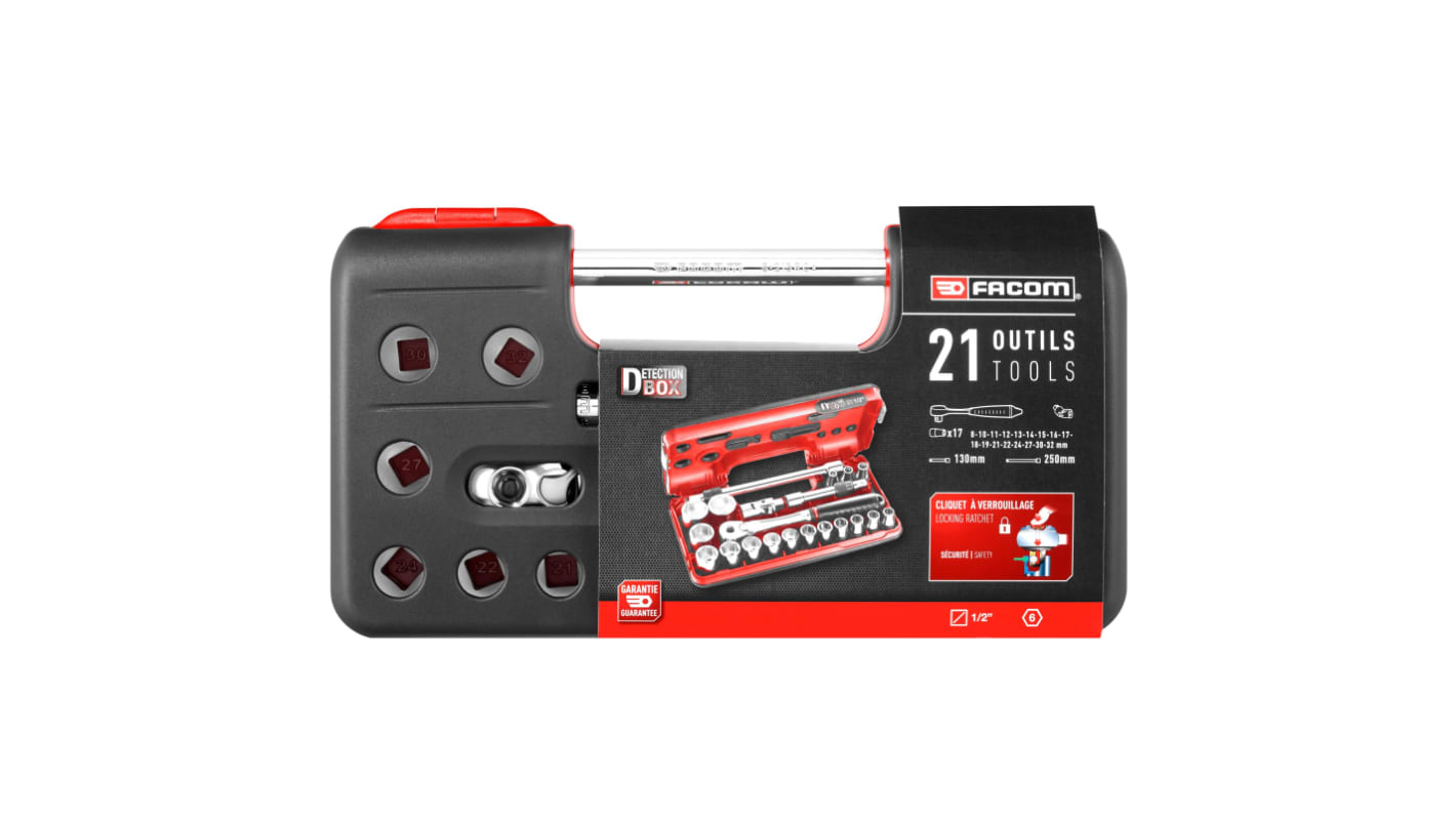 Facom 21-Piece Metric 1/2 in Standard Socket Set with Ratchet, 6 point