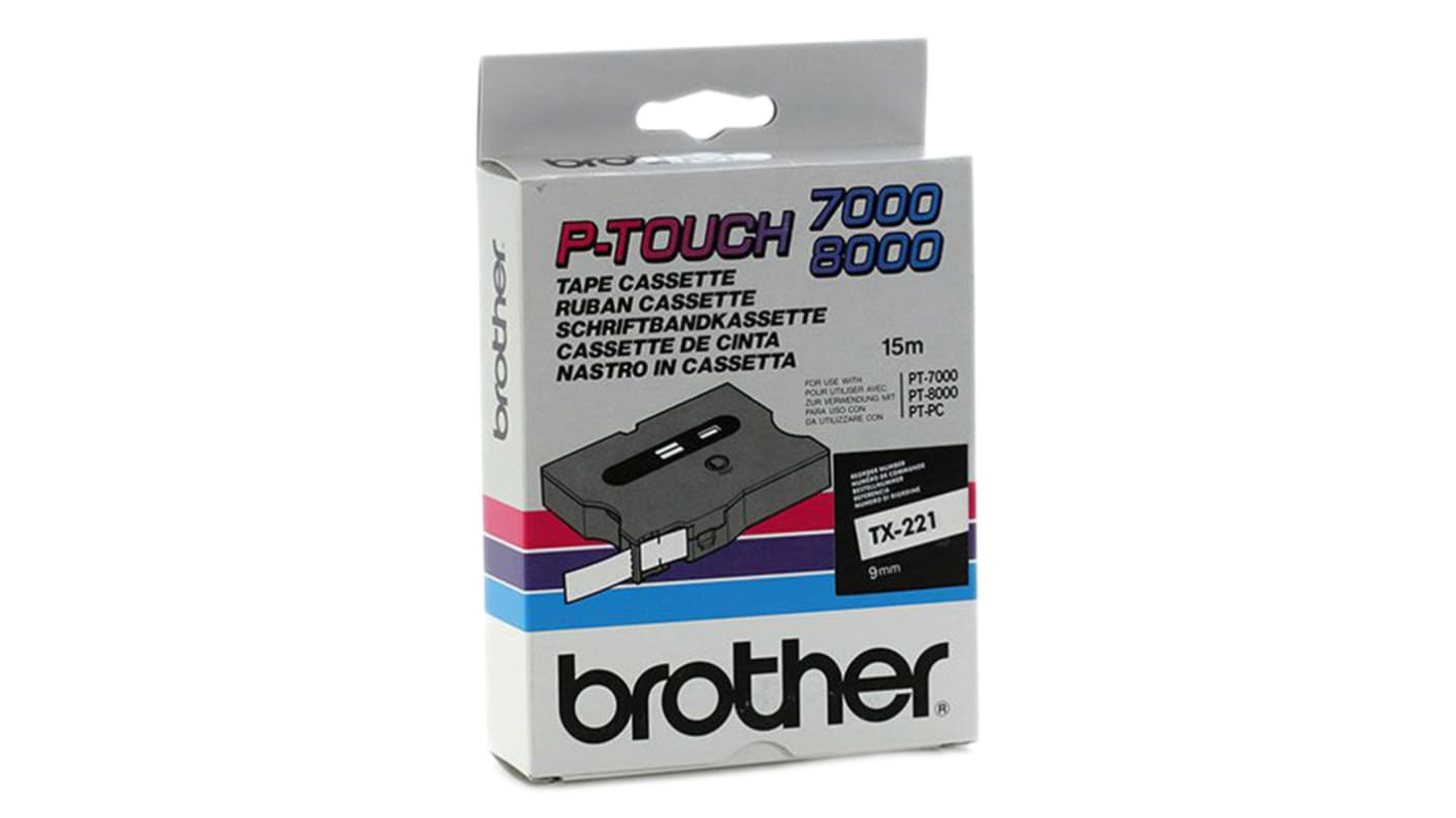 Brother Black on White Label Printer Tape, 15 m Length, 9 mm Width