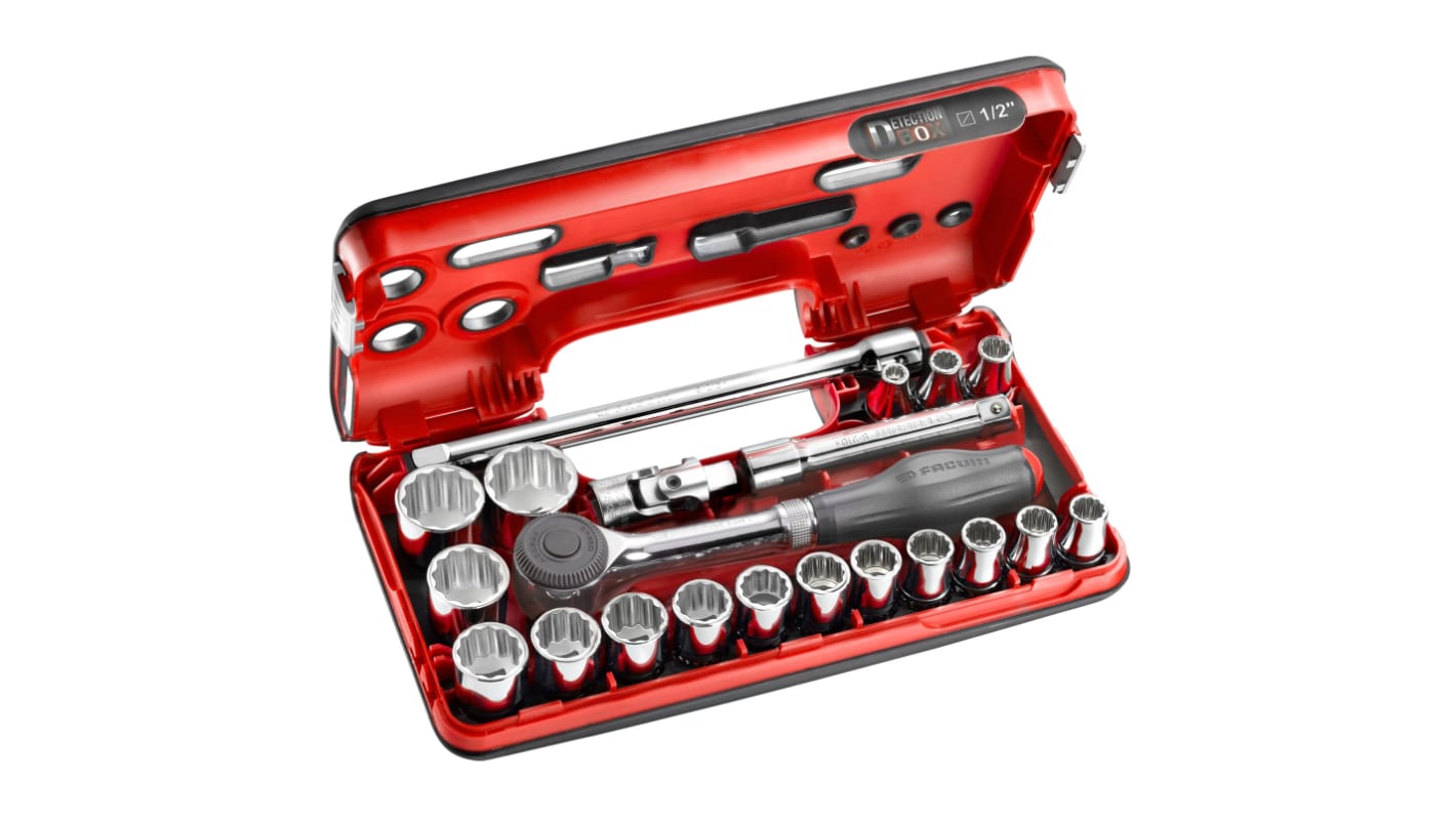 Facom 21-Piece Metric 1/2 in Standard Socket Set with Ratchet, 12 point