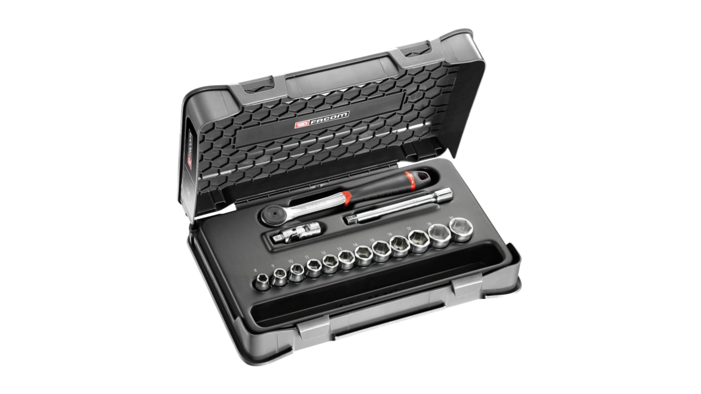 Facom 15-Piece Metric 3/8 in Standard Socket Set with Ratchet, 6 point