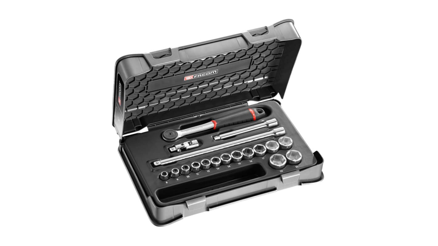 Facom 18-Piece Metric 3/8 in Standard Socket Set with Ratchet, 6 point