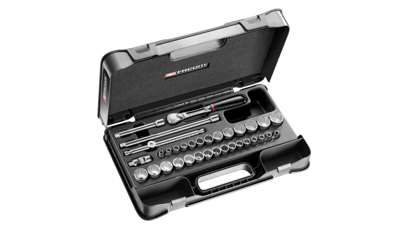 Facom 34-Piece Imperial, Metric 3/8 in Standard Socket Set with Ratchet, 12 point
