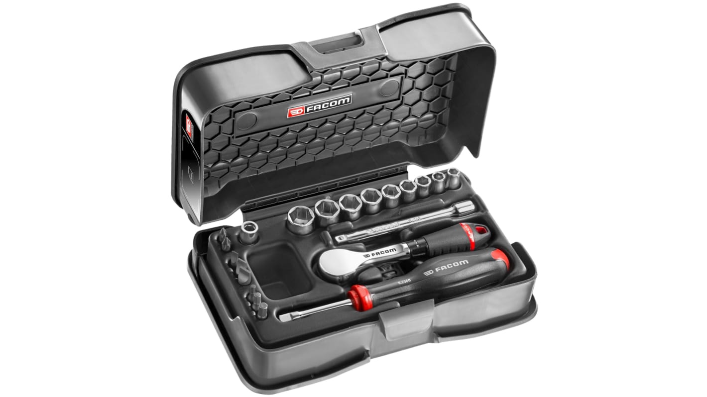 Set di bussole Facom da 21 pezzi in Acciaio al cromo-vanadio, guida quadrata da 1/4 "