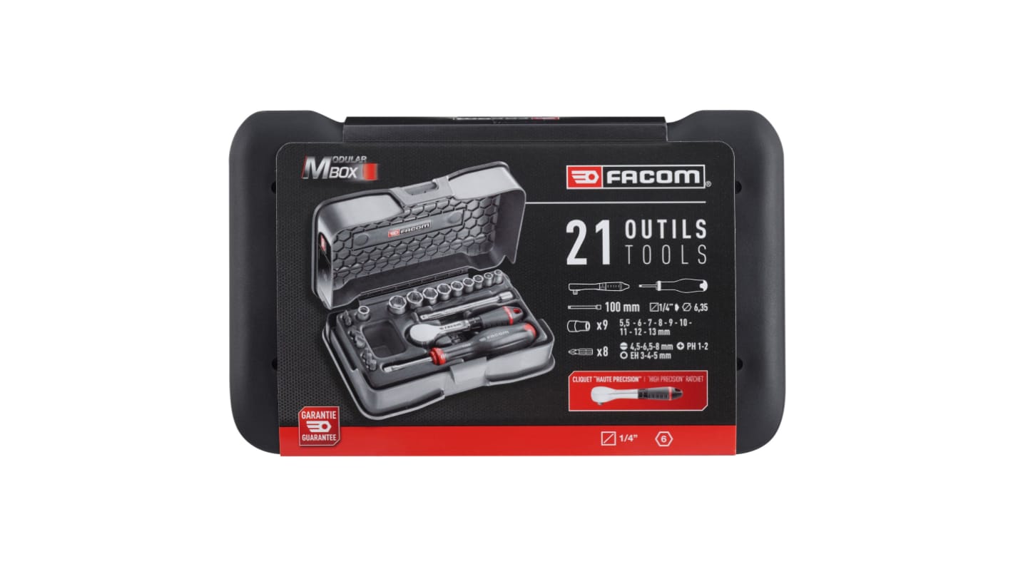 Set di bussole per cricchetti Facom da 21 pezzi in Acciaio al cromo-vanadio, guida quadrata da 1/4 "