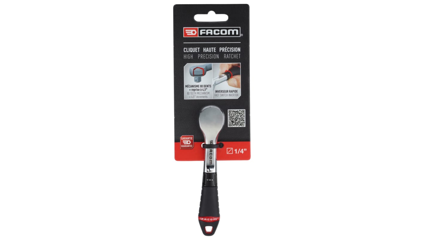 Facom R.181PB 1/4 in Square Ratchet with Bi-material Elastomer Handle, 121.2 mm Overall