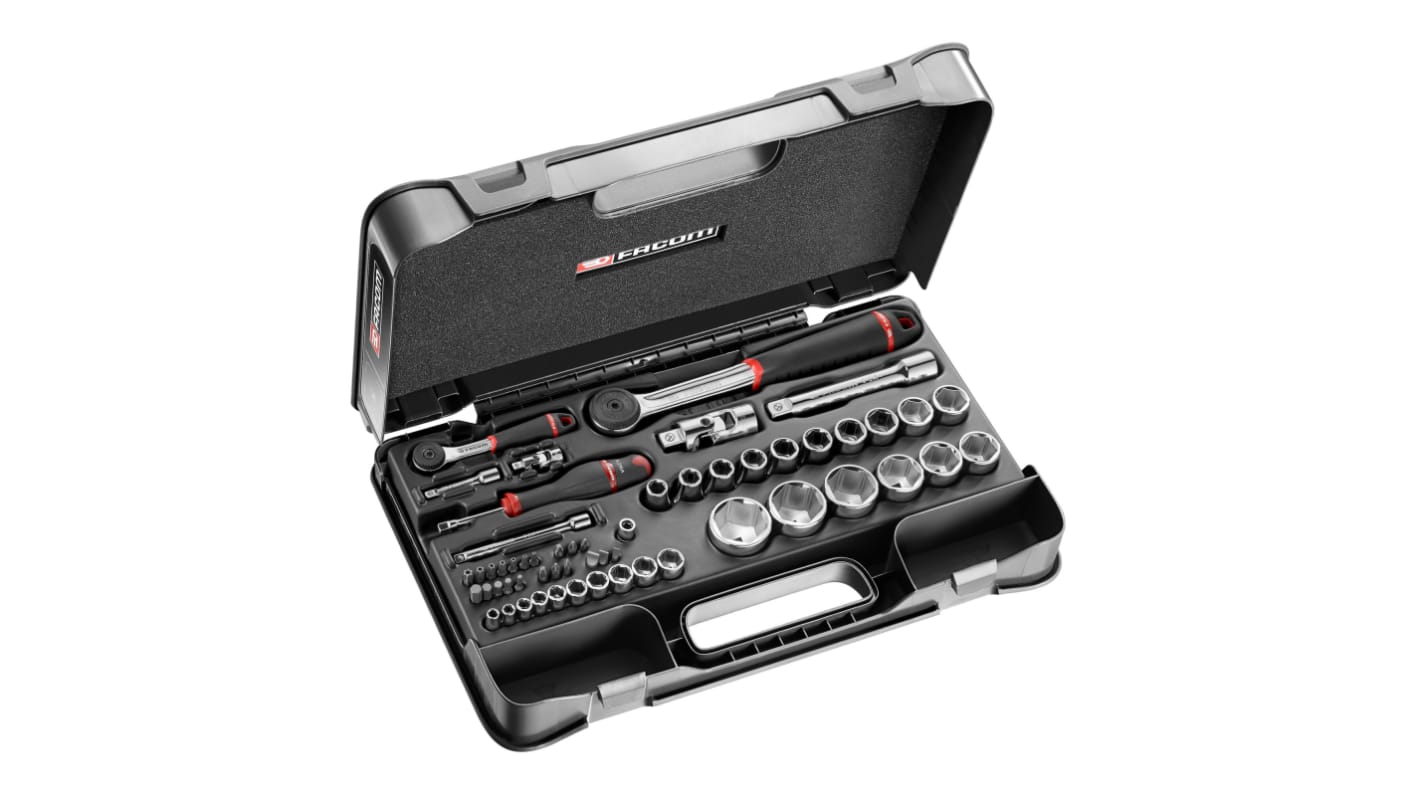 Facom 56-Piece Metric 1/2", 1/4" Standard Socket/Bit Set with Ratchet, 6 point