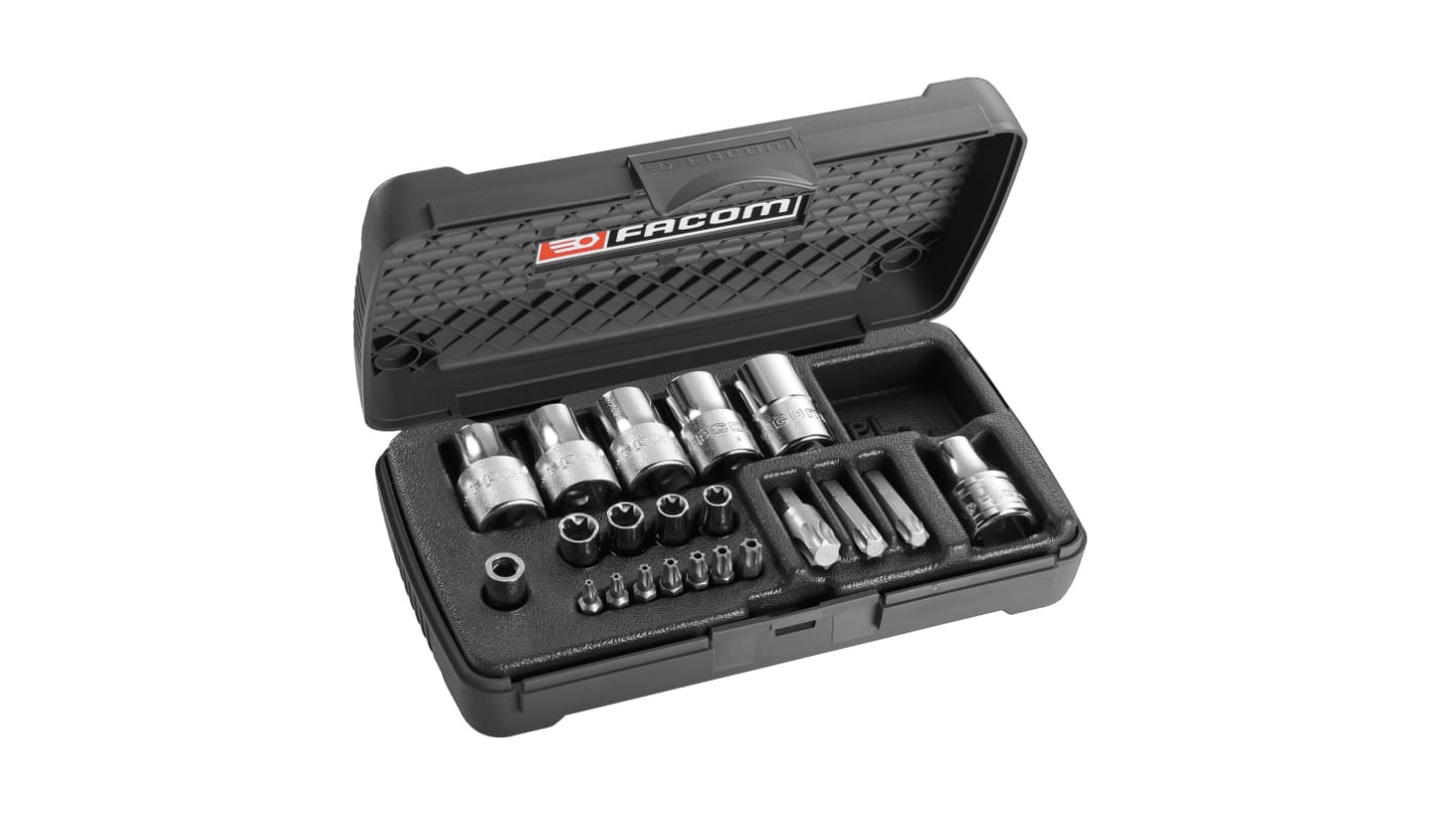Set di bussole Torx Facom da 21 pezzi in Acciaio al cromo-vanadio, guida quadrata da 1/2", 1/4"
