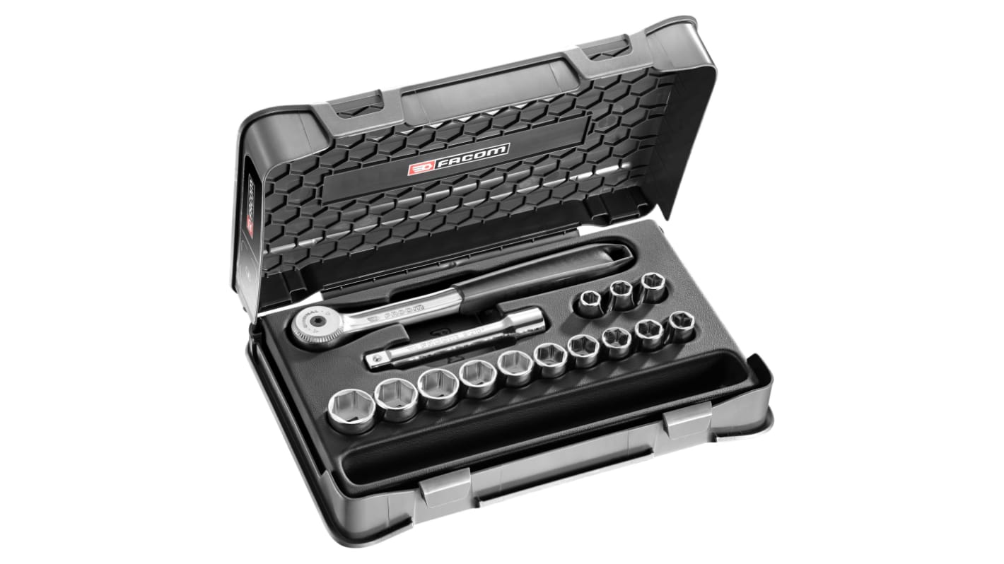 Facom 15-Piece Metric 1/2" Standard Socket Set with Ratchet, 6 point