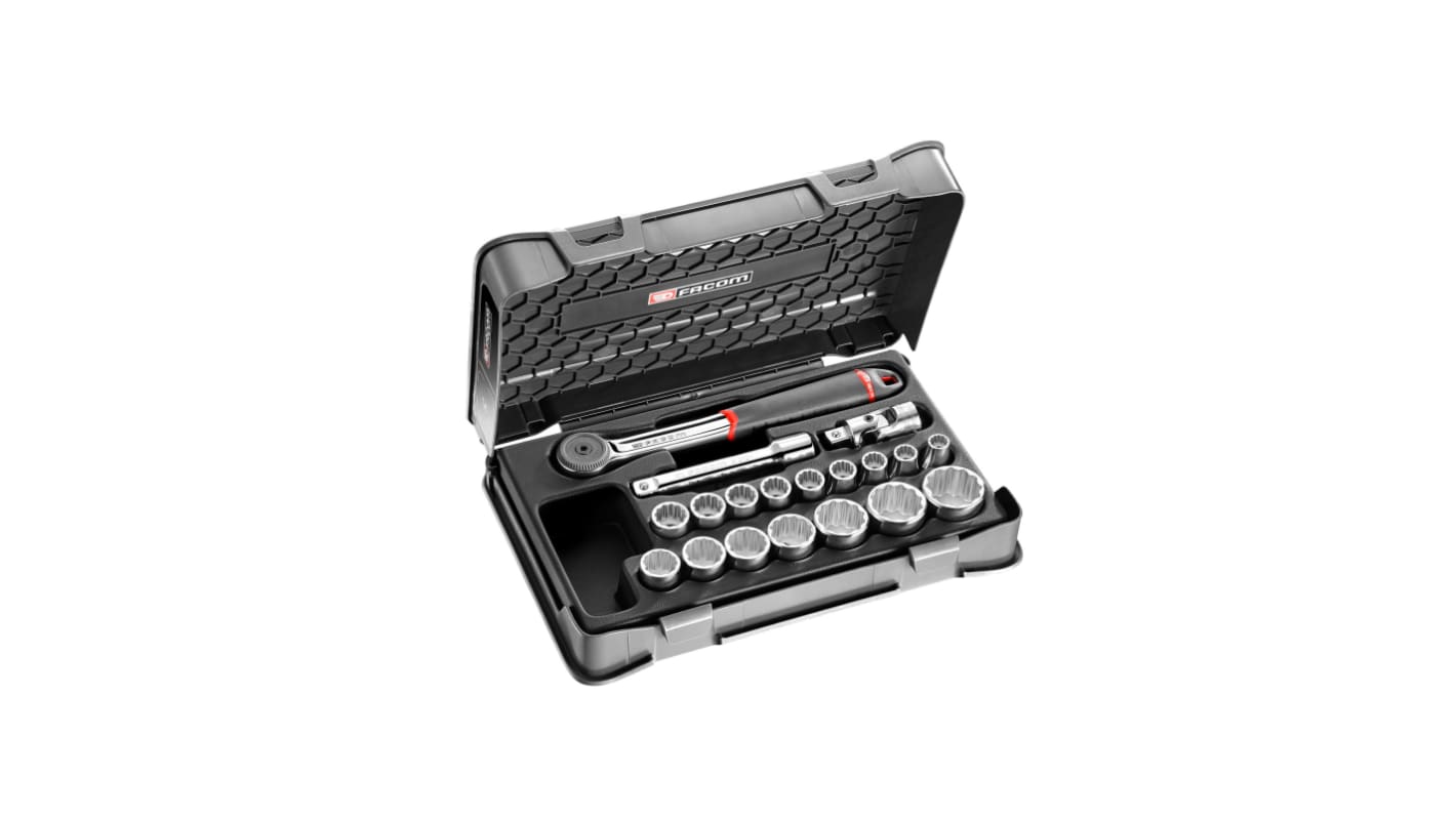 Facom 19-Piece Metric 1/2 in Standard Socket Set with Ratchet, 12 point