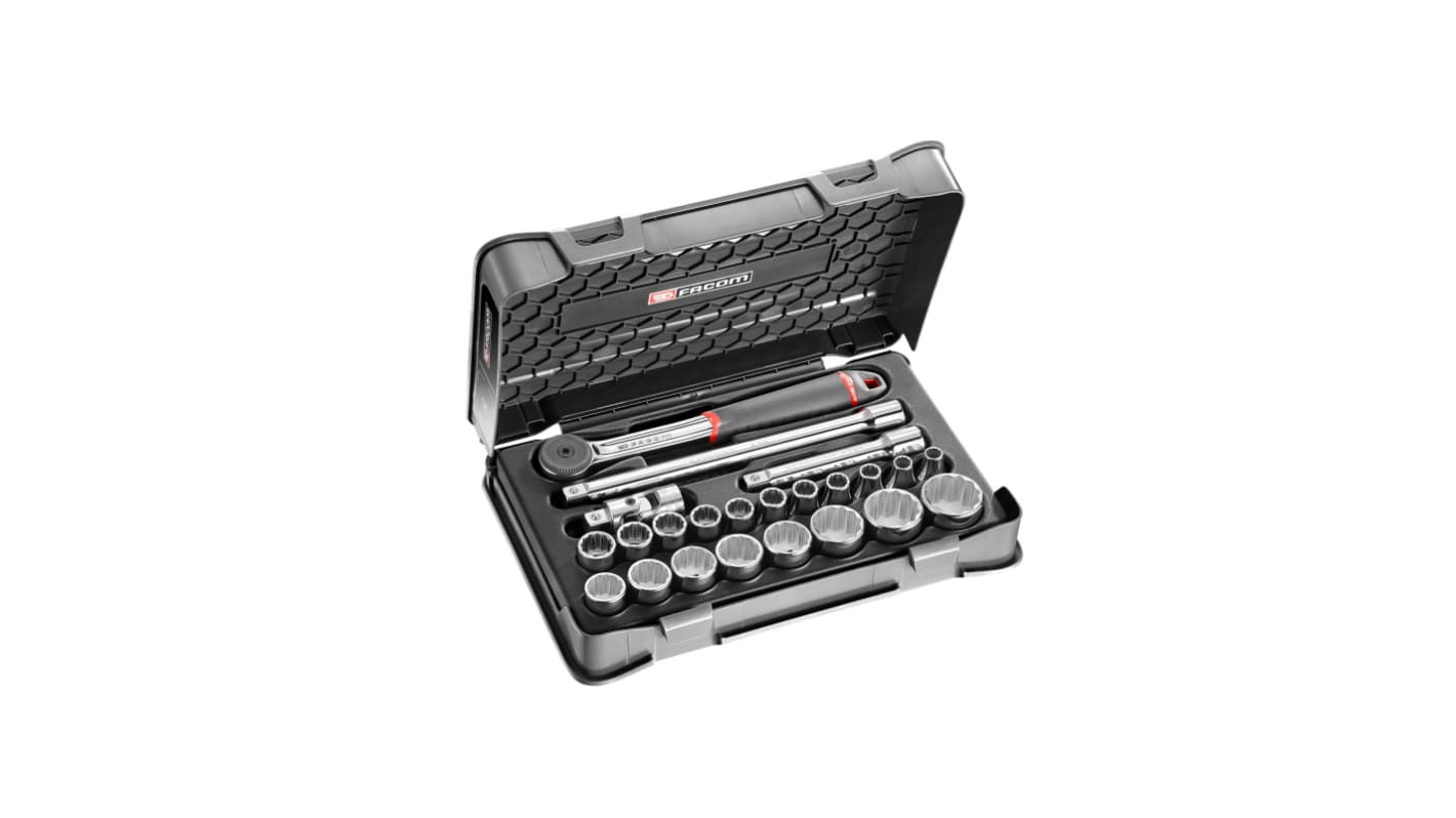Facom 23-Piece Metric 1/2 in Standard Socket Set with Ratchet, 12 point