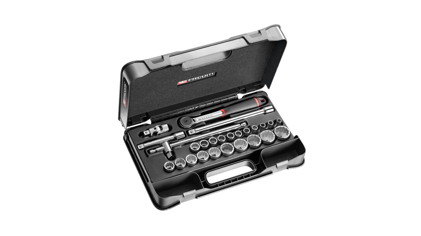 Facom 26-Piece Metric 1/2 in Standard Socket Set with Ratchet, 12 point