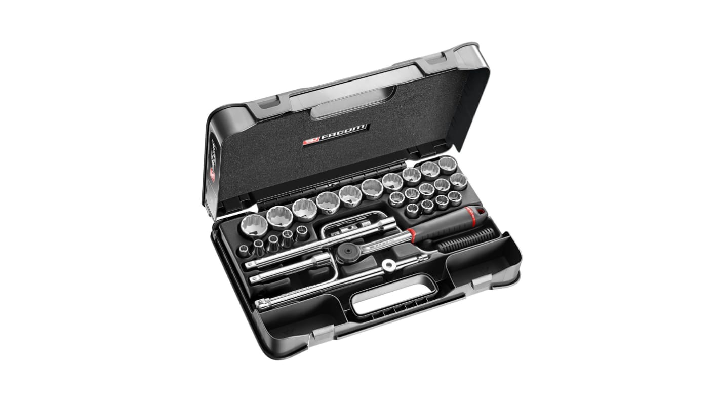 Facom 30-Piece Metric 1/2 in Standard Socket Set with Ratchet, 12 point