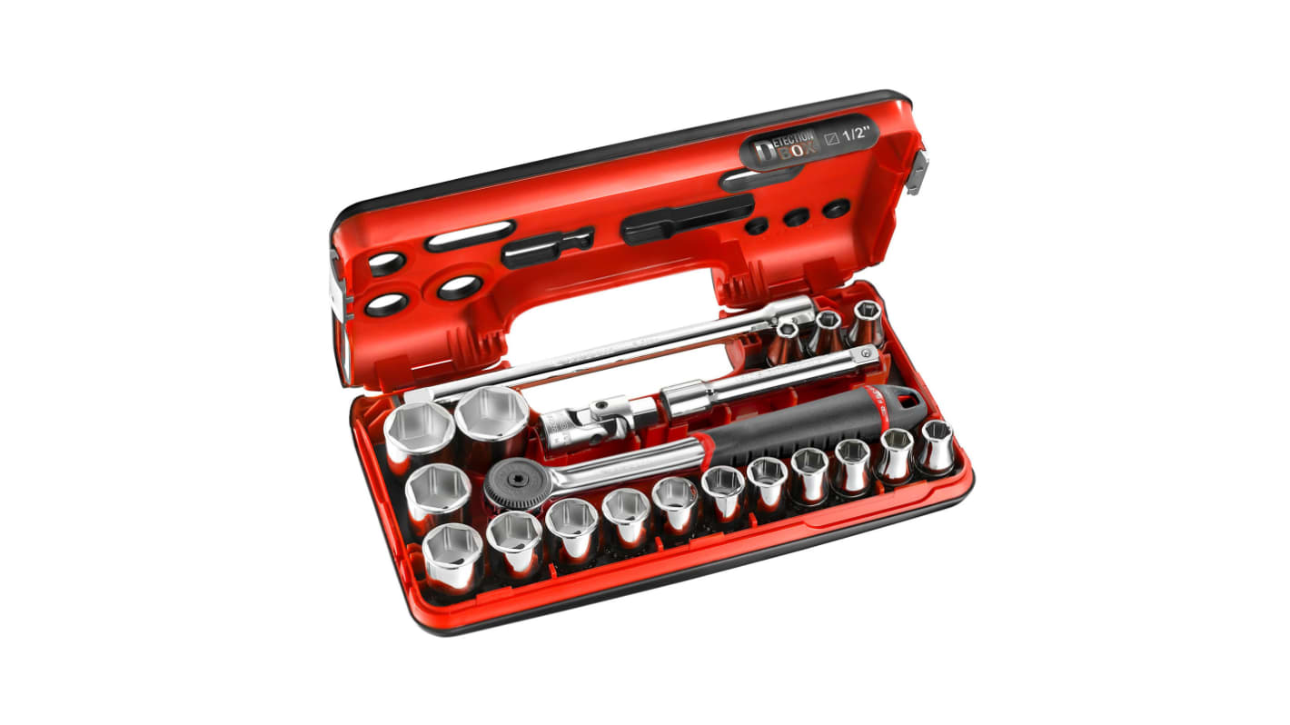 Facom 21-Piece Metric 1/2 in Standard Socket Set with Ratchet, 6 point