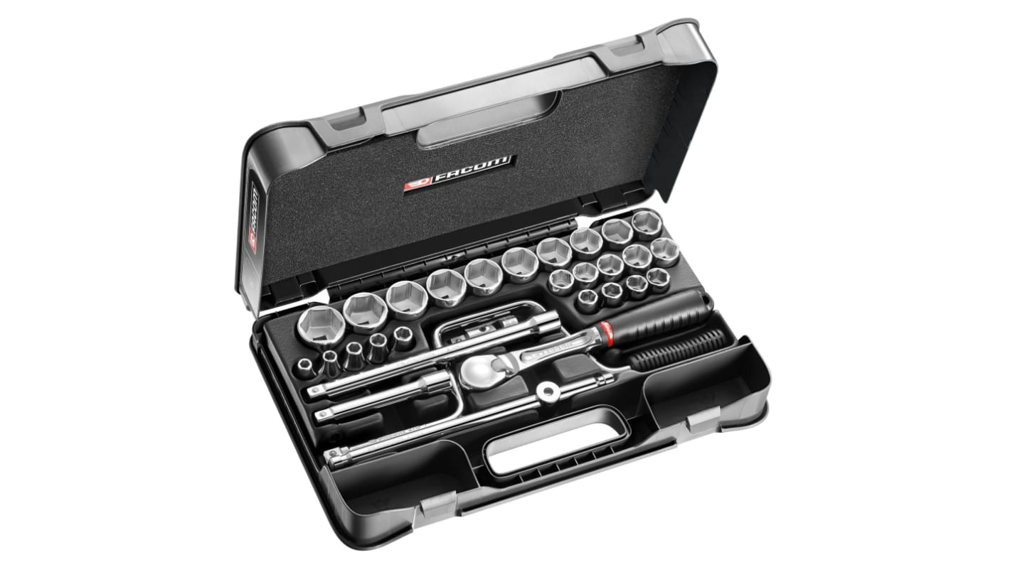 Facom 30-Piece Metric 1/2 in Standard Socket Set with Ratchet, 6 point