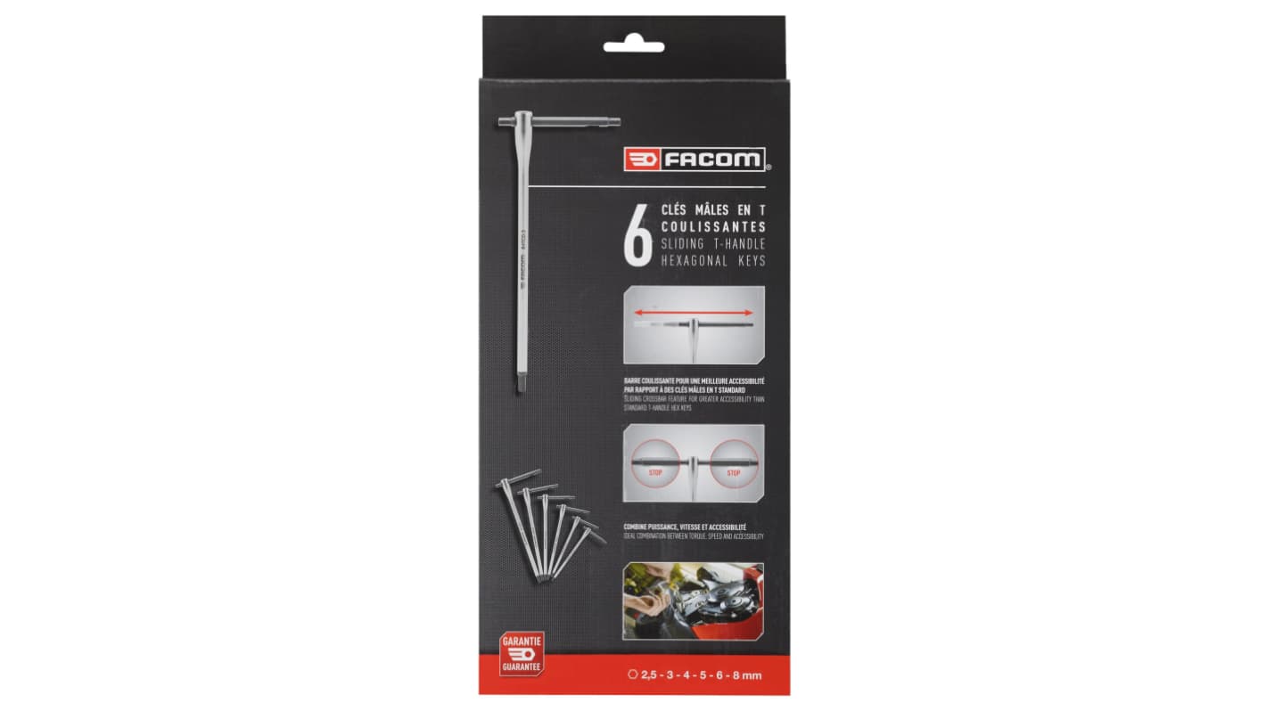 Facom 6 piece T Shape Metric Hex Key Set, 2.5 - 3 - 4 - 5 - 6 - 8mm