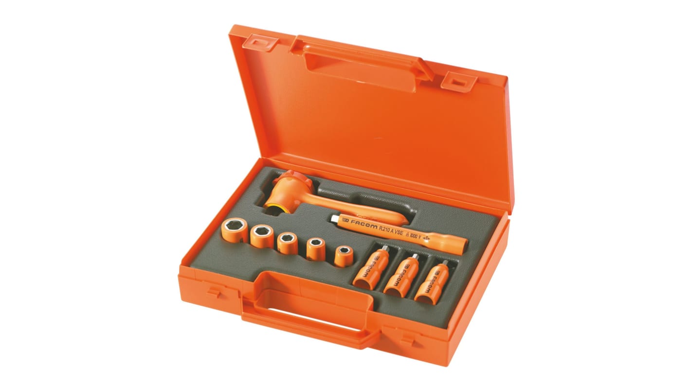 Facom 10-Piece Metric 1/4 in Standard Socket/Bit Set with Ratchet, 6 point, VDE/1000V