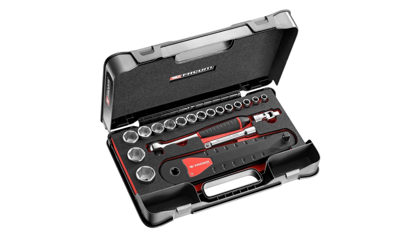 Facom 20-Piece Metric 1/2 in Standard Socket Set with Ratchet, 6 point