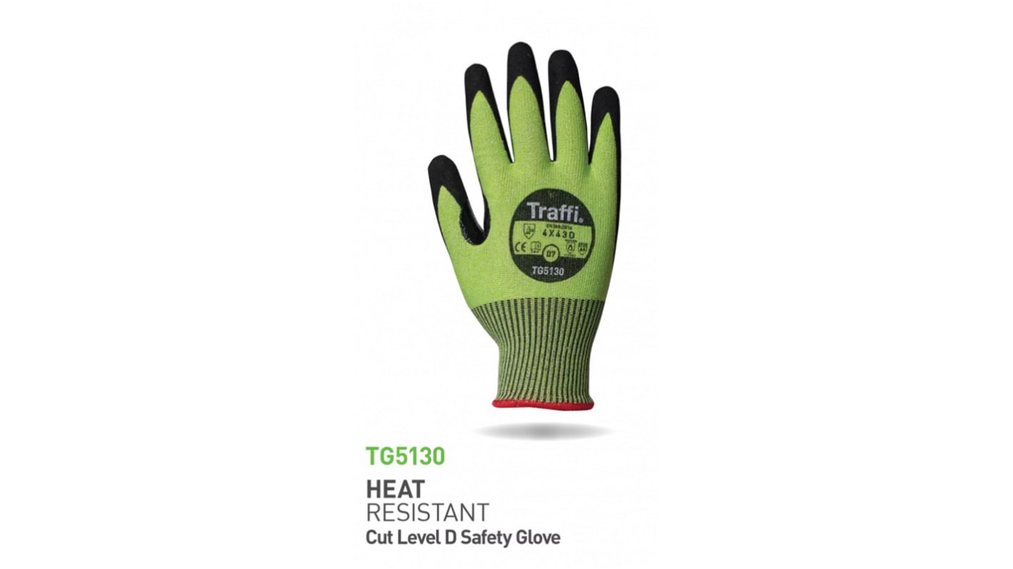 Traffi Black, Green Aramid, Elastane, Glass Fibre, Polyester Heat Resistant Liquid/Oil repellent Gloves, Size 11,