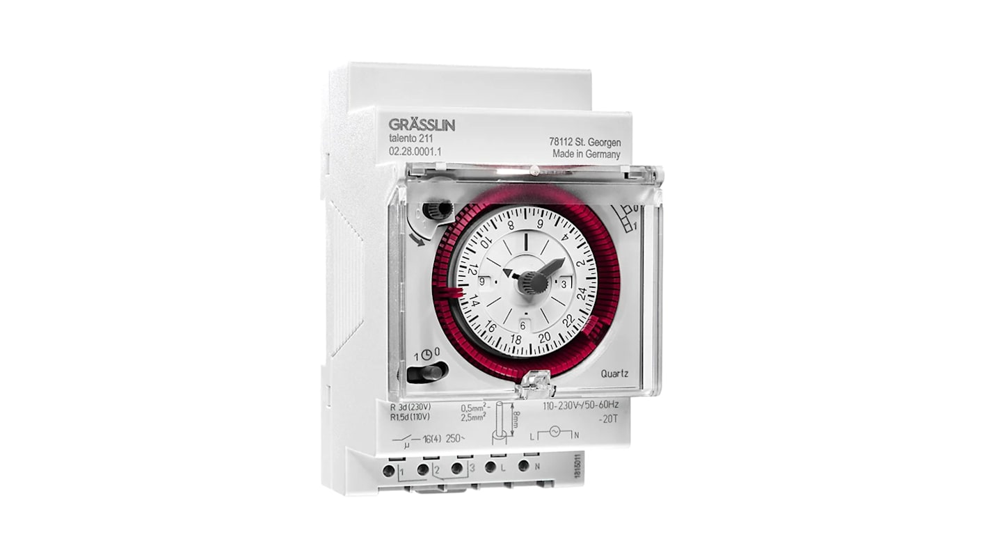 Grasslin 机械DIN导轨定时开关, 单通道, 110 → 230 V 交流电源, 可设小时