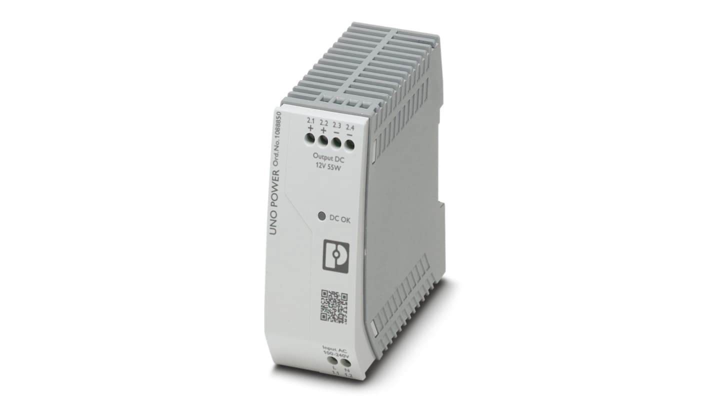 Phoenix Contact UNO POWER Switched Mode DIN Rail Power Supply, 85 → 264V ac ac Input, 12V dc dc Output, 4.6A