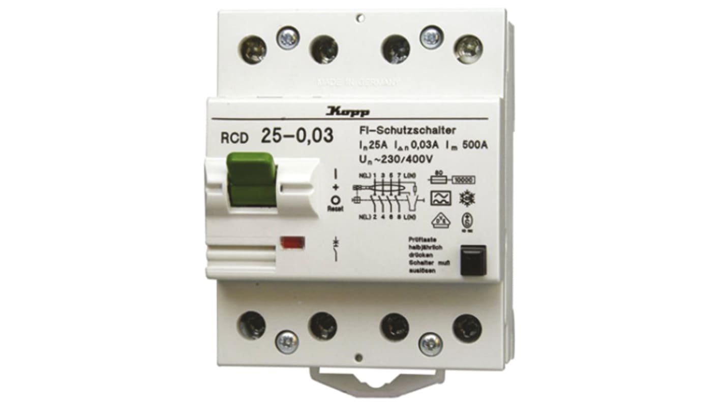 Interruptor RCD, 4 Polos, 25 A, Instantáneo, Disparo 30mA, Carril DIN