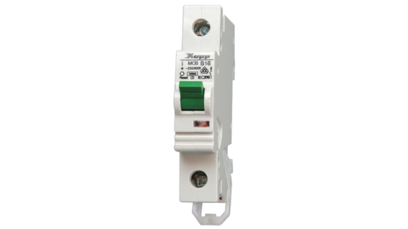 Kopp GREEN ELECTRIC MCB Mini Circuit Breaker, 1P, 16A Curve B, 230 → 400V AC, 60V DC, 10 kA Breaking Capacity