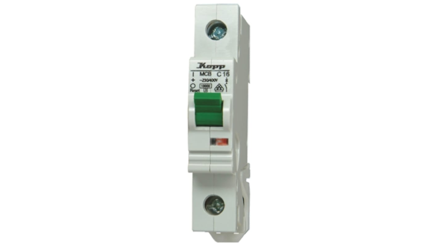 Kopp GREEN ELECTRIC MCB Mini Circuit Breaker, 1P, 16A Curve C, 230 → 400V AC, 60V DC, 10 kA Breaking Capacity