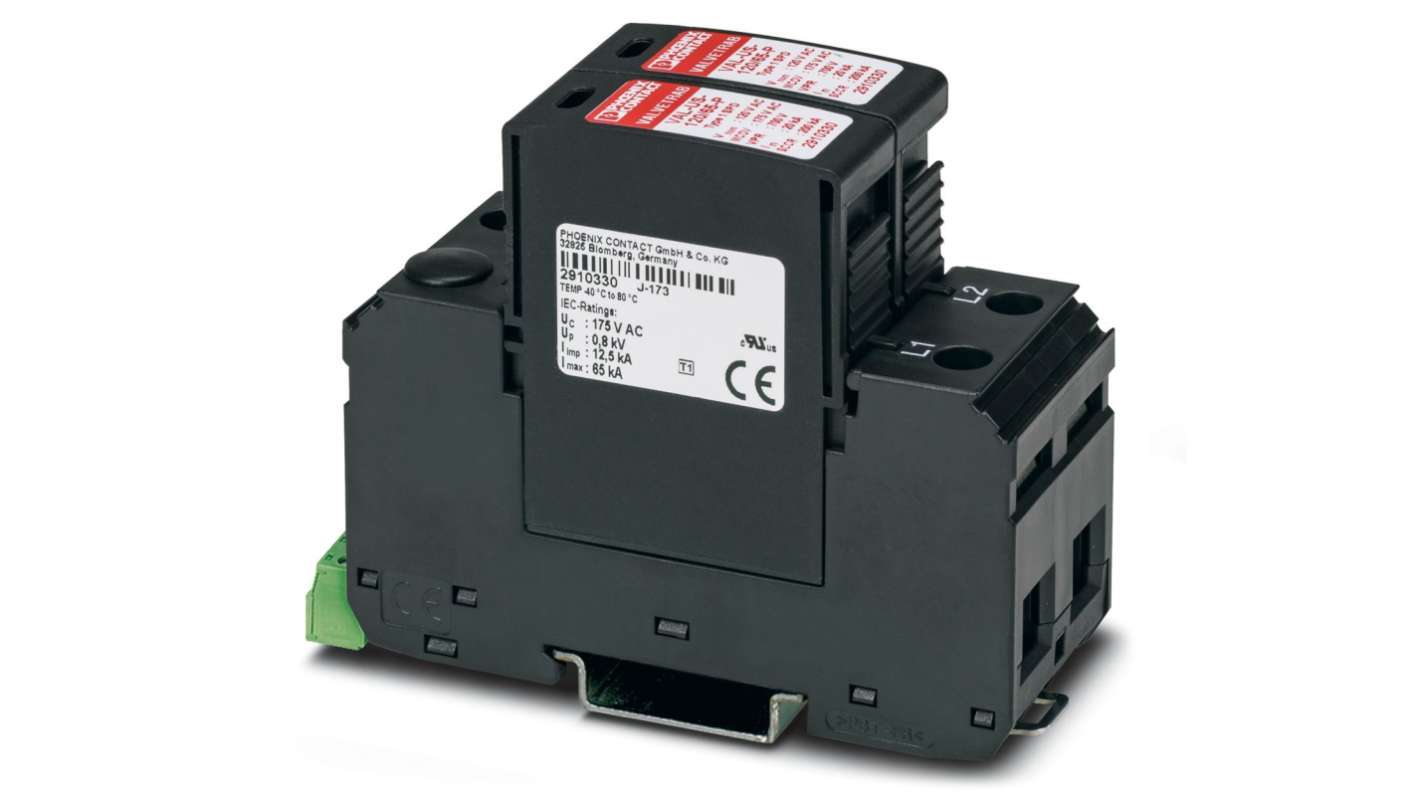 Phoenix Contact, VAL-US-120/65/2+0-FM Surge Suppressor Unit 120/240 V ac Maximum Voltage Rating 65kA Maximum Surge