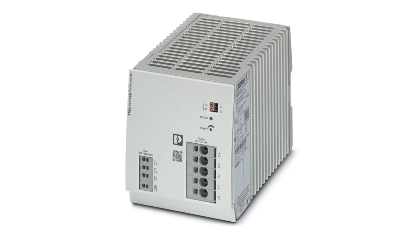 Phoenix Contact TRIO POWER Switched Mode DIN Rail Power Supply, 400V ac ac Input, 72V dc dc Output, 14A Output, 1.008kW