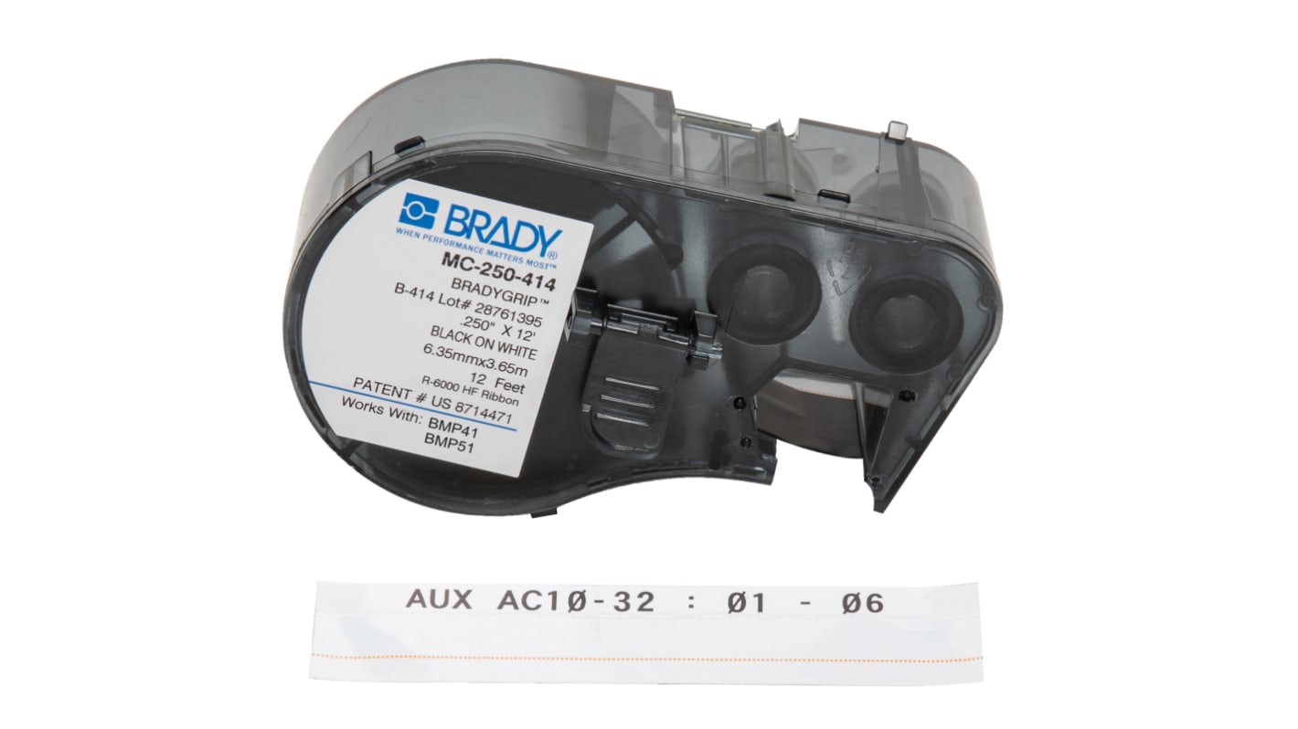 Brady B-414 Black on White Label, 6.35 mm Width