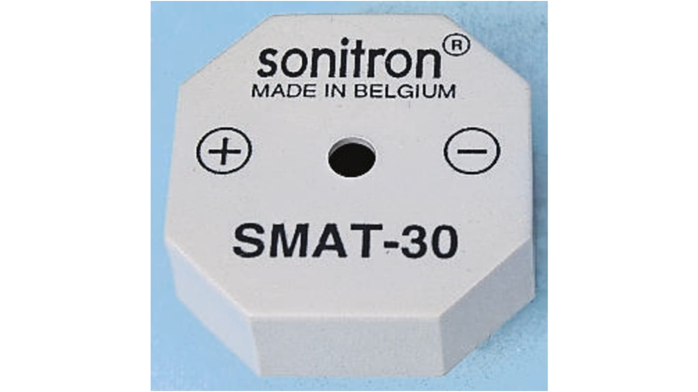 Sonitron 79dB Through Hole Continuous External Piezo Buzzer, 13.96 x 13.96 x 6mm, 1.5 Min, 30V ac Max
