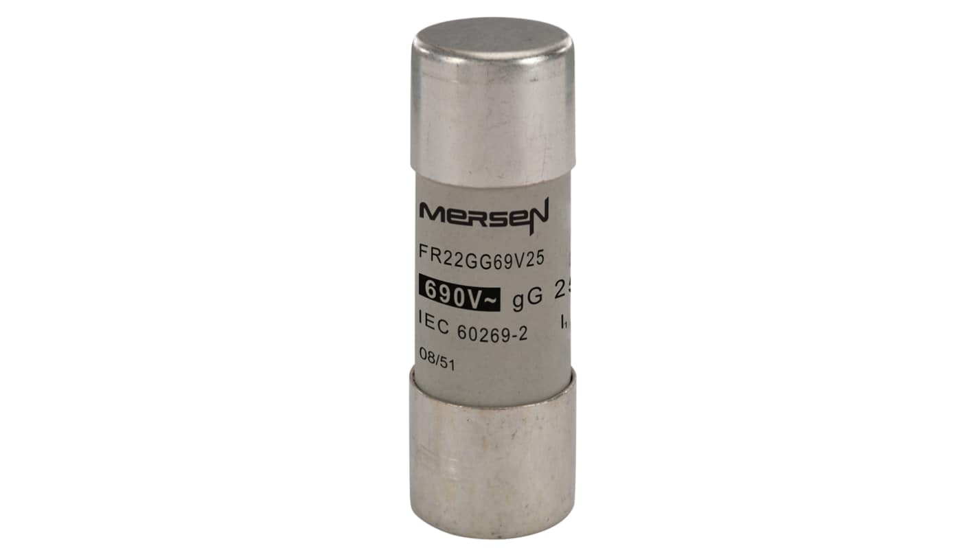Mersen 25A Slow-Blow Ceramic Cartridge Fuse, 22.2 x 58mm