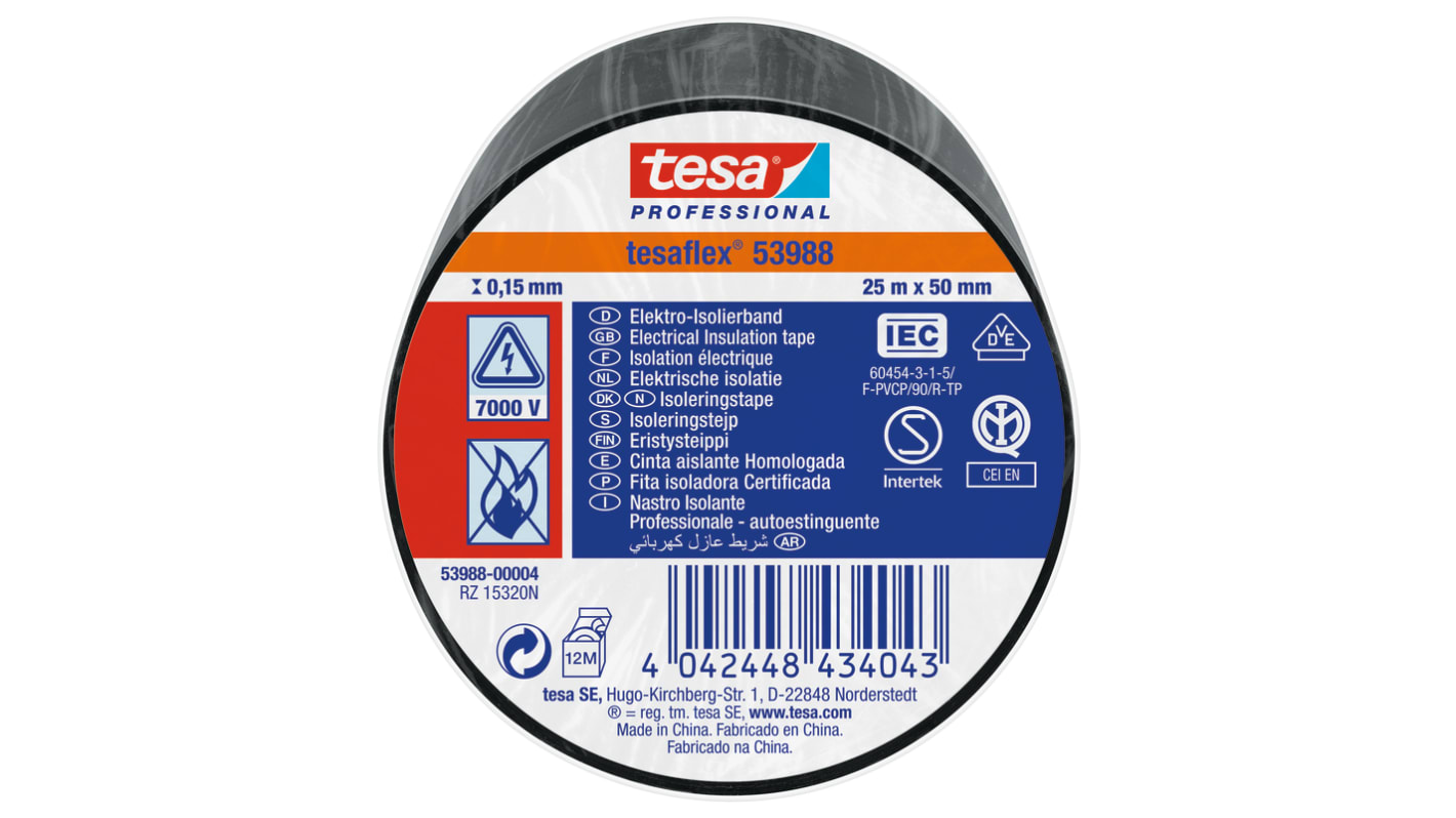 Tesa 53988 Black Soft PVC Electrical Insulation Tape, 50mm x 25m