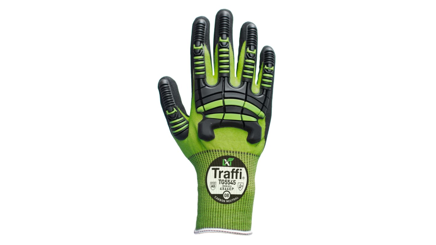 Traffi TG5545 Green Elastane, HPPE, Polyamide, Polyester, Steel Cut Resistant Cut Resistant Gloves, Size 9, Nitrile