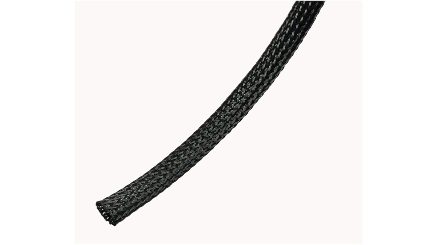 RS PRO Expandable Braided PET Black Cable Sleeve, 10mm Diameter, 100m Length