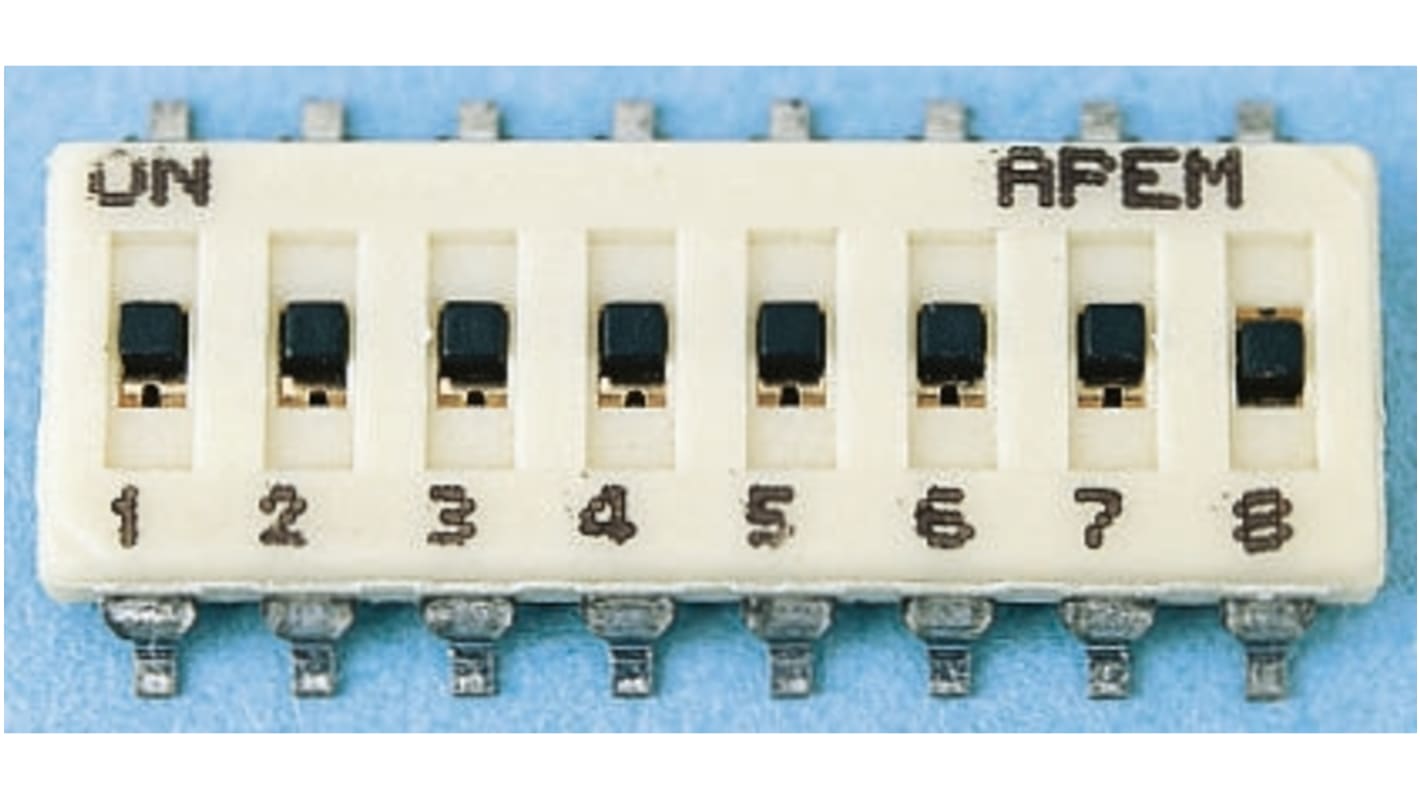 Interruptor DIP, SPST, Montaje superficial, Actuador Deslizante, 100 mA a 24 V dc, 6 vías, -40 → +100°C