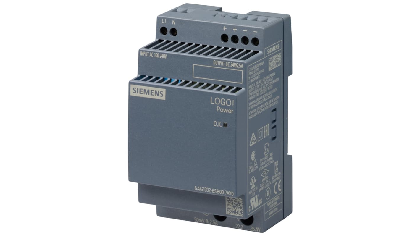 Fuente de alimentación de carril DIN Siemens, SIPLUS LOGO 24V dc 2.5A 60W