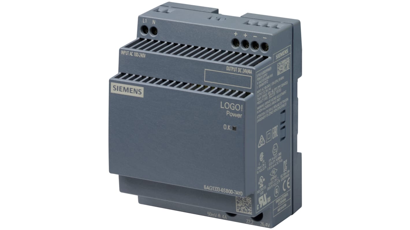 Siemens SIPLUS LOGO Switched Mode DIN Rail Power Supply, 100V ac ac Input, 24V dc dc Output, 4A Output, 96W