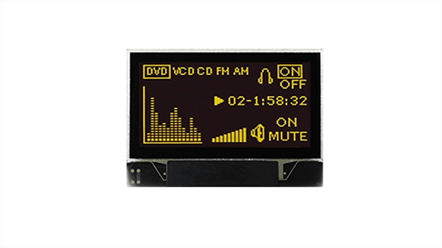 Afficheur OLED, Midas, 0.96pouce, Matrice passive, Jaune, 256 x 64pixels, COG, interface I2C, Parallèle, SPI