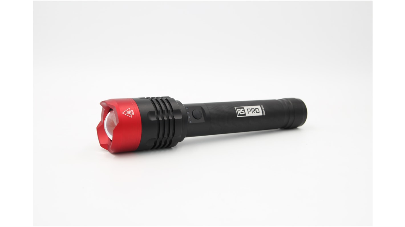RS PRO LED Torch Black, Red - Rechargeable 10000 lm, 267 mm