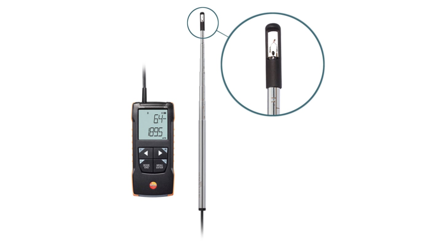 Testo 425 Anemometer, bis 30m/s +70°C max.Temp., 0.01m/s, Luftgeschwindigkeit Temperatur, Volumenstrom, Typ Teleskop