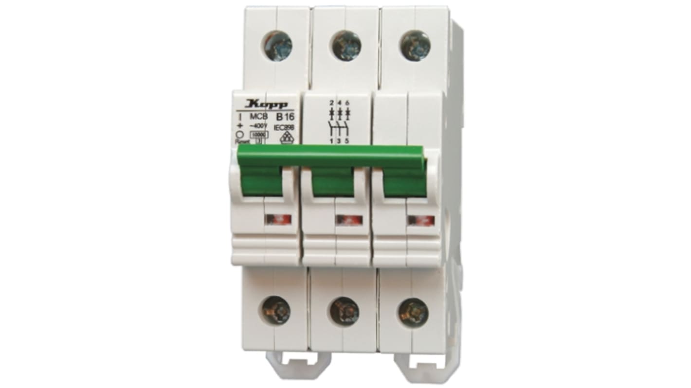 Kopp GREEN ELECTRIC MCB Mini Circuit Breaker, 3P, 10A Curve B, 230 → 400V AC, 60V DC, 10 kA Breaking Capacity