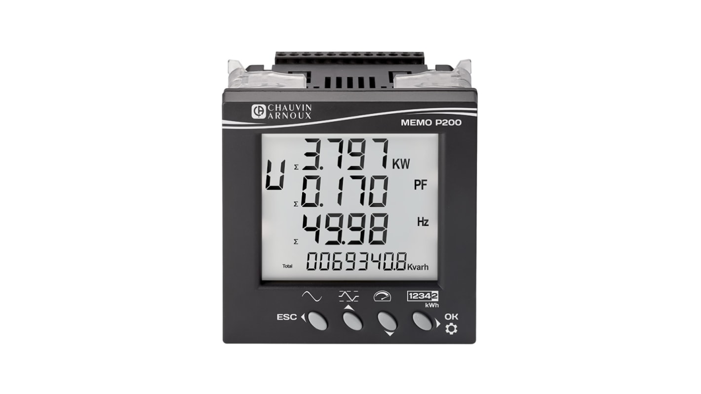 Dispositivi monitoraggio di potenza Chauvin Arnoux Energy, MEMO P200, 3 fasi, display LCD retroilluminato a 4 cifre