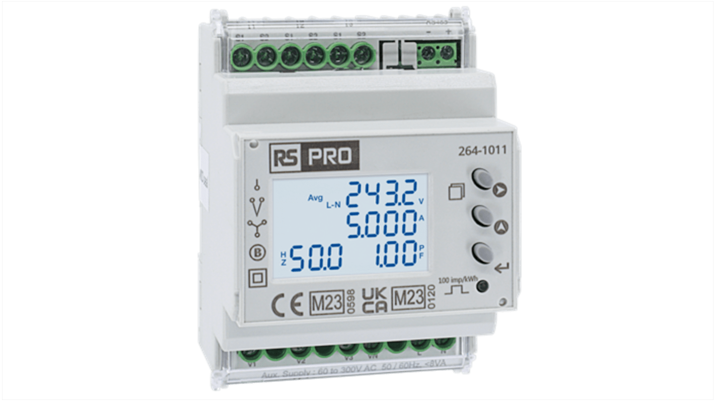 Medidor de energía RS PRO, display LCD, precisión ±0,5 (Corriente) %, ±0,5 (Tensión) %, ±Clase B (Energía activa), 1, 3