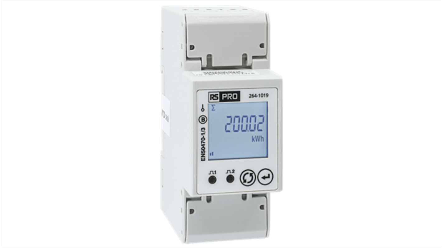 Medidor de energía RS PRO, display LCD, precisión ±0,5 (Corriente) %, ±0,5 (Tensión) %, ±Clase B (Energía activa), 1