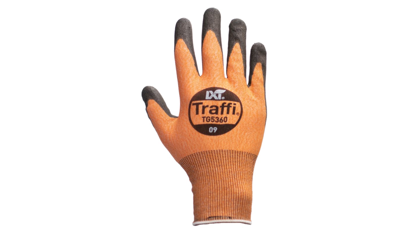 Traffi TG5360 Black, Orange Elastane, HPPE, Nylon, Polyester Safety Gloves, Size 5, Polyurethane Coating